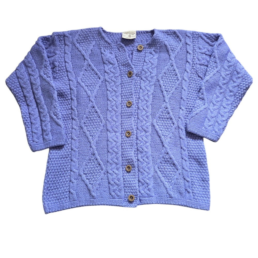 Connemara Ireland 100% Merino Wool Cable Knit Sweater Cardigan Purple Size M